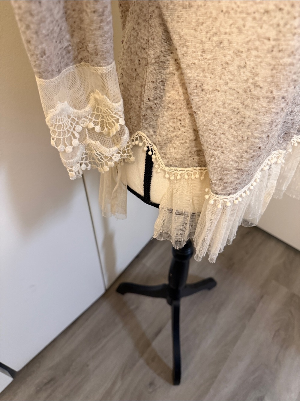 Light tan brown Lace-Trim Button Cardigan Sweater - Picture 5 of 10